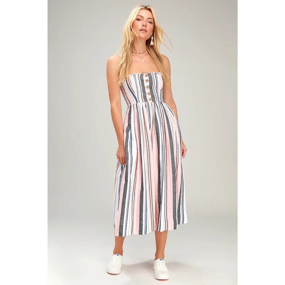 Free People Dresses & Skirts - Free People Lilah Striped Printed Smocked Button Pleated Tube Midi Dress Size XS
